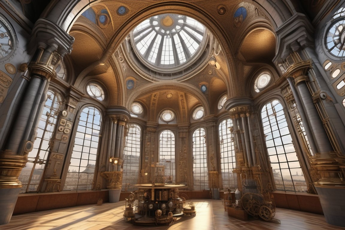 Inside of paris's Sacre Coeur Bassilica in the style of industrial steampunk design living room, intricated, high detailed, high_res