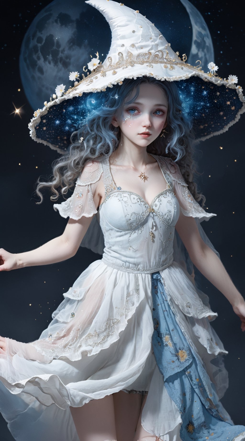 IncrsXLRanni, Fantasy, surreal, 1girl, dynamic pose, (blue skin:1.4), flow curly hair, white dress is made of a soft and silky fabric, flows on the body, grey&white color, sweetheart neckline, a flared skirt reaches the floor, adorned skirt by intricate embellishments of floral patterns, stars, and crescent moons, (doll joints), Made of beads, sequins, crystals, and pearls that sparkling), has a veil and hat which also has floral, star, and moon motifs that complement the dress. Accesorized dress, Combination of fashionable and fantasy, creative, Hyperdetailed artwork,IncrsXLRanni,wavy hair, blue skin, cracked skin,girl