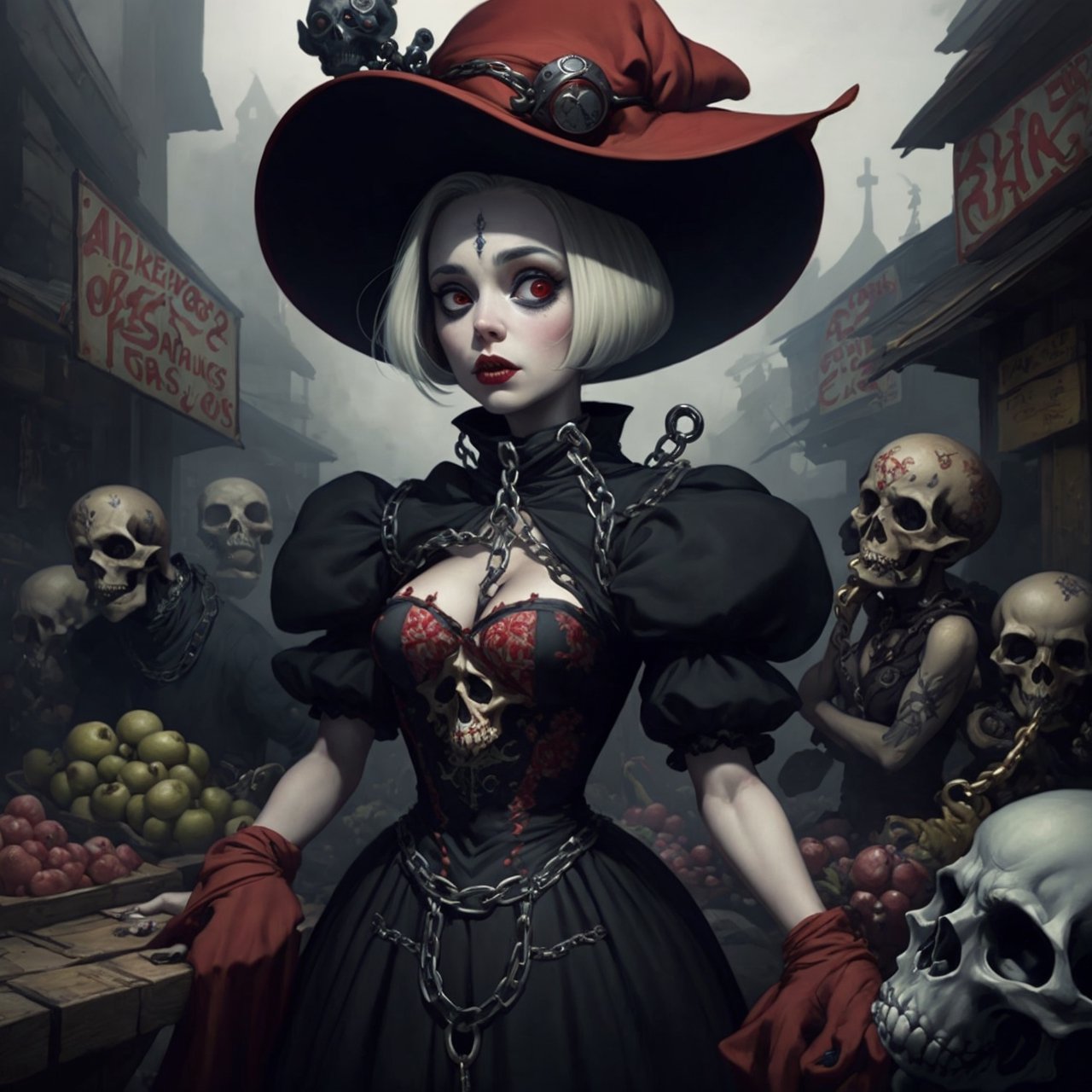 1girl, beautiful perfect face, standing, wore a creative_concept_design dress, a strange yet beautiful long dress, (decorated dress by black orchid, skulls, gears, clocks, chain). Dark-red&black, facing the camera, industrial era, crowded fruit market full of small-sized-monsters, thick fog,
Fantasy, dreamy, eerie, magical environment, (by Tim Burton & Vivienne Westwood & Brian Froud), mixed media style, hard edges, featured on Artsy, outdoor scene, artistic details, high resolution,EpicArt,rototech