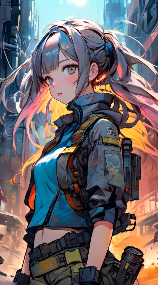 anime,(masterpiece, top quality, best quality, official art, beautiful and aesthetic:1.2), (1girl), upper body,extreme detailed,(post apocalyptic:1.3),colorful,highest detailed,