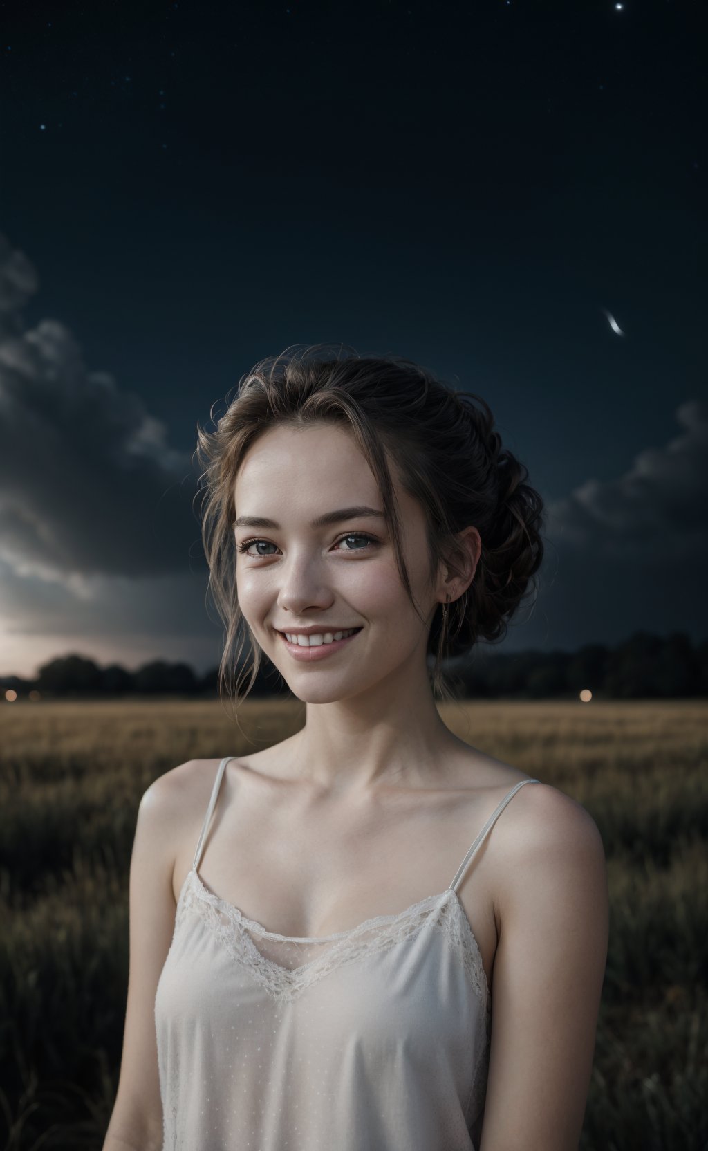 Mid Portrait Beautiful european girl, simple white camisole, updo hair, (skin texture:1.33),  light smile,  standing, night, stars, cloud, far away light, ultra detailed photograph, sony A7 mark iii 75mm f2, high_res,Detailedface