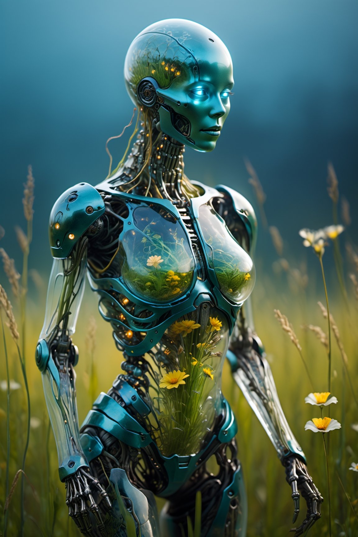 ((masterpiece, best quality)), Photography art, Depth of Field, ultradetailed, Ground View, Dynamic, LifeLike, a futuristic android girl made of clear glass with realistic pretty face. Through its transparent skin, you can see a glowing floral art among metal skeletal inside its body. She is sneaking in midle of bushed very-tall grass in a dark and misty place, Thick air with fog, night sky is barely visible, (((Foreground grass)))), pretty face, ((a DoF effect)), ((makes the foreground and background blurry)), Bokeh bcakground, sci-fi and fantasy vibe, magical, mystical, cinematic shot, Surreal Photograph, Hyper-realism, Teal&Cyan&Yellow, sharp focus, Life Like feature, Ultra_detailed, Film Still