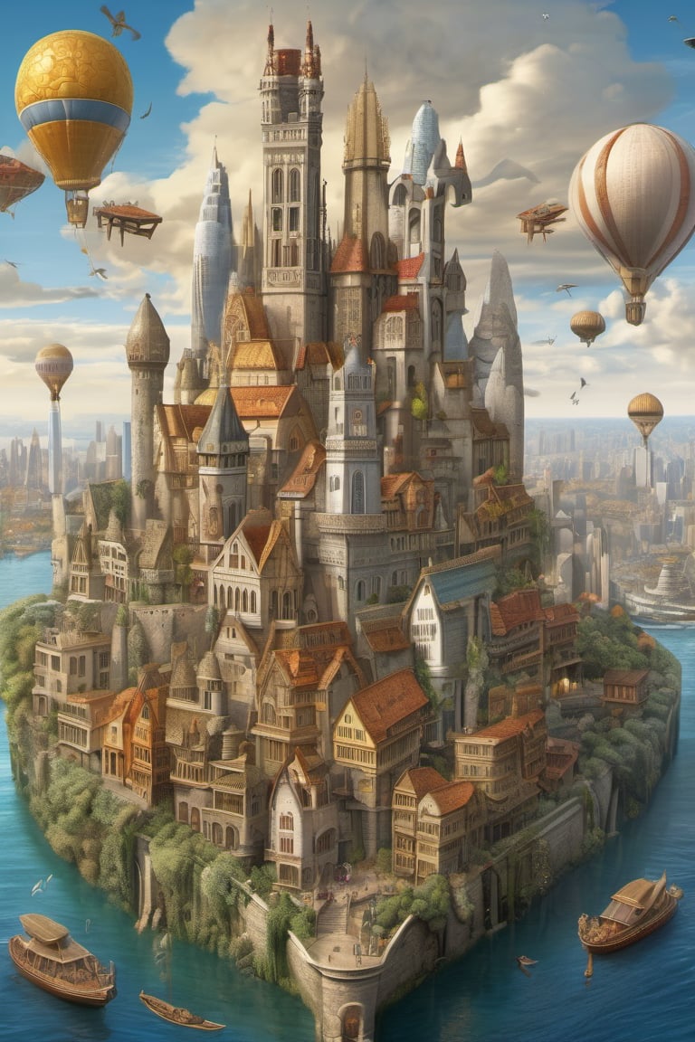 MedievalStyle city and skyscrapers on floating island,  intricate details, by Laurie Lipton, Concept Art,colorfull, high_res,3d style