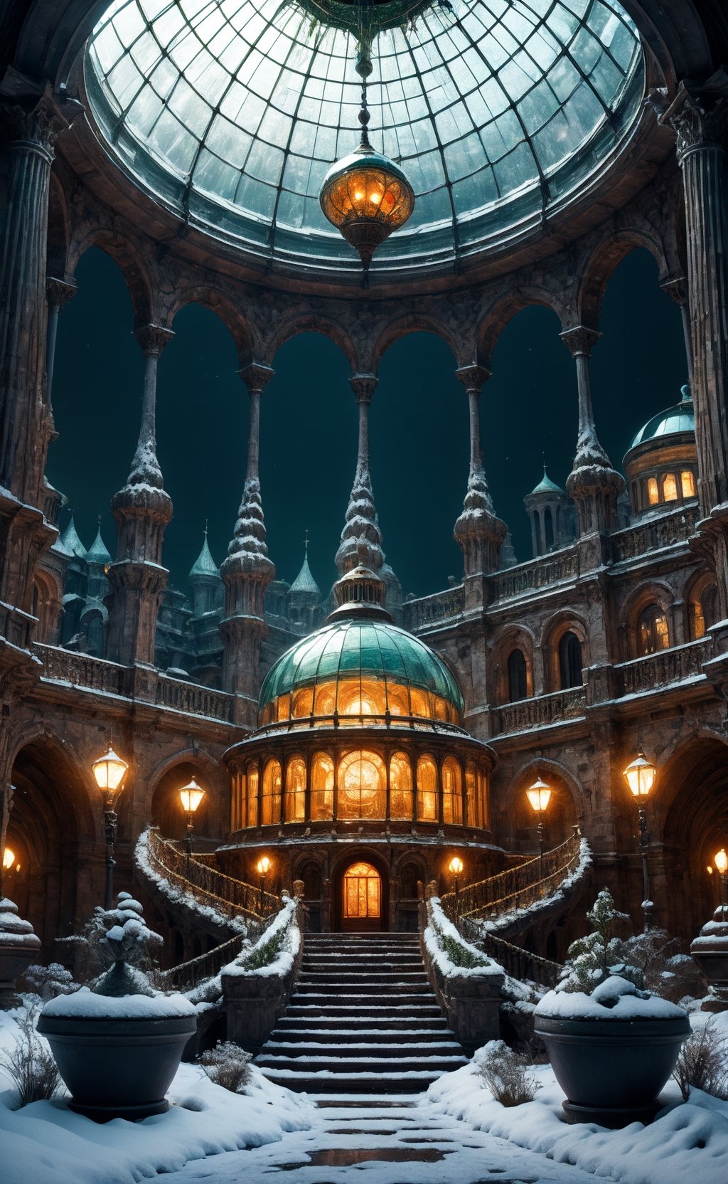 a realm fantasy, a majestic red castle with Byzantine-style architecture, adorned with intricate various accents that shimmered in the dying light of a winter sunset.
Pink and orange hues sky, castle's (glass dome:1.4) perched atop the tallest tower, luminous beacon, a jewel in the gathering twilight. The dome refracting the colors sunset and casting a mesmerizing glow over the snowy landscape, Snowflakes falls, sprinkle of fairy dust, enhanced castle's allure,
blanketed courtyard in snow, Statues of mythical creatures stood frozen in mid-motion, their forms captured in a dance of eternal elegance, darkness embraced, lit up, celestial radiance, hyperdetailed, filmic, high_res,DonMG414 