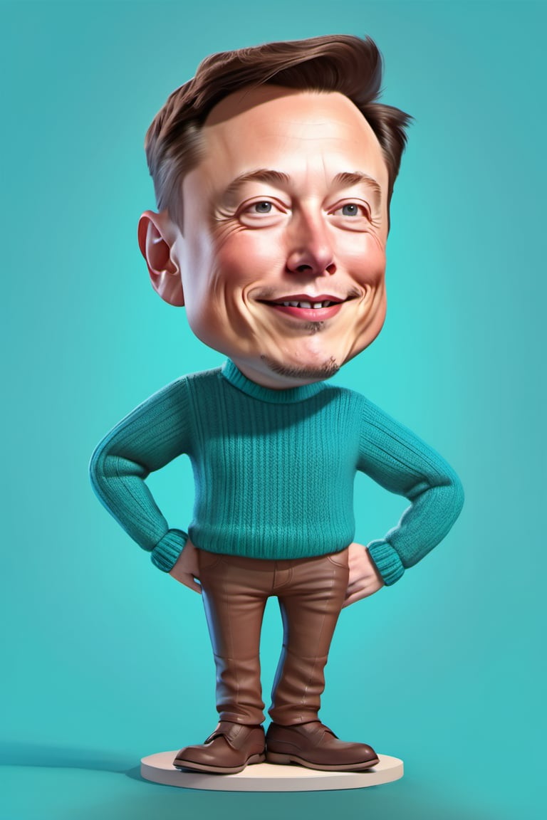 Caricature figure of elon musk, head, legs, feet, wearing sweater , teal dimentional background, high-res