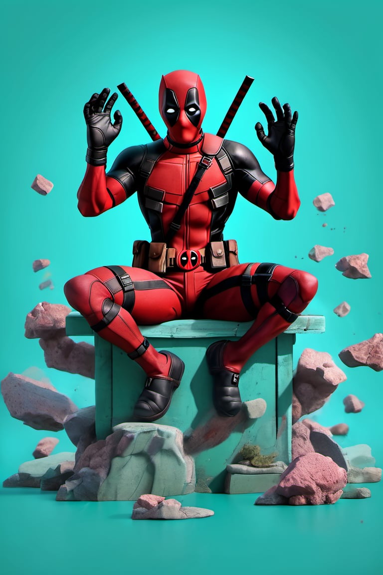 figure of Dead Pool, head, legs, feet, teal dimentional background, high-res