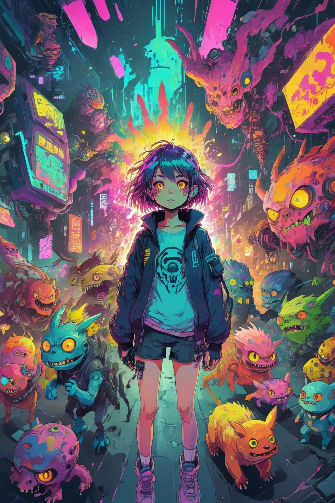 Anime, colorfull, Cyber-adorable-girl surounded by Fashionable cute monsters, cyberpunk city, pastel color, cartoon, light explosion, psychedelic, creative , neons, anime art, complex detailing, high detailed, high_res,Monster