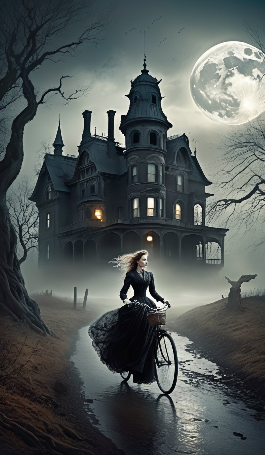 In the depths of a hauntingly beautiful landscape, shrouded in an eerie mist, a Victorian-style woman gracefully rides her bicycle. Otherworldly aura woven with (horror+fantasy+surreal) vibes.
Dressed in an exquisite gown harkens to mystery and elegance, the dark cascading curls dance in the wind, framing her porcelain face.
The desolate landscape, trees morph into gnarled, twisted figures, branches reaching out.
The moon casting an ethereal glow+illuminates the path ahead+revealing lots of ghosts.
Palpable sense of foreboding atmosphere. 
A dilapidated mansion in the distance, stands as a testament to forgotten glory+architecture crumbling+windows shattered+filled with the echoes of past horrors.

A cinematic masterpiece, the essence of horror+fantasy+surrealism. Nightmarish landscape+symbol of resilience+embracing the unknown.
Fantasy collide in the most hauntingly beautiful way.

Dramatic mood, High_detailed