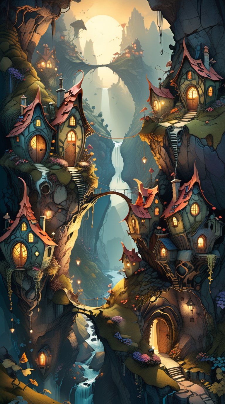 A surreal art of a fairies land, where there is a canyon with houses built on its edges, and lights shining from their windows, magical dark sunset, fairy, dreamy, mysterious, (by Brian Froud & Arthur Rackham & Eyvind Earle), digital illustration style, cool and whimsical, featured on Behance, outdoor scene, imaginative details, high resolution