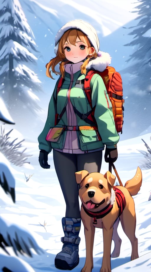 anime, high detailed, 1girl, survival ready, survival tool, backpack, dog, snowy, snowfall,colorful, high_res