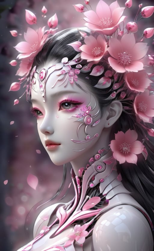 fractal art, flat, 2D, fractal:1, petals:1.1, a petals cyborg:1, insane detailed face, beautiful and aesthetic, more_detailed:0.6, upper-body, white porcelain plated skin, fractal art style, (white:0.8 and pink:1.1), octane render, intricate detailed, fantasy art, dreamy, beautiful, glittering:1, pink flowers, printed petals:0.6, thing that never seen before!, etheral background,bokeh:1.3, digital illustration, micro details:0.7, cyborg style,3d style