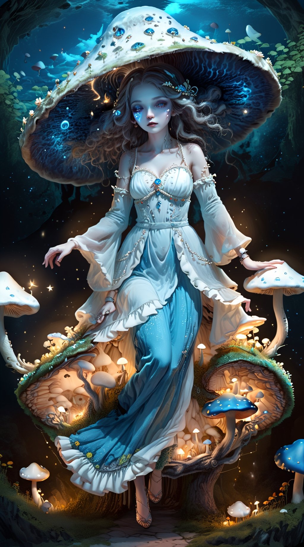 IncrsXLRanni, Fantasy, surreal, 1girl, dynamic pose, (blue skin:1.4), flow curly hair, white dress is made of a soft and silky fabric, flows on the body, cyan&white color, sweetheart neckline, a flared skirt reaches the floor, adorned skirt by intricate embellishments of floral patterns, stars, and crescent moons, (doll joints), Made of beads, sequins, crystals, (cyan glow mushrooms:1.2), and pearls that sparkling), has a veil and hat which also has floral, star, and moon motifs that complement the dress. Neon glow accesorized dress, Combination of fashionable and fantasy, creative, Hyperdetailed artwork,IncrsXLRanni,wavy hair, blue skin, cracked skin,girl,DonShr00mXL 