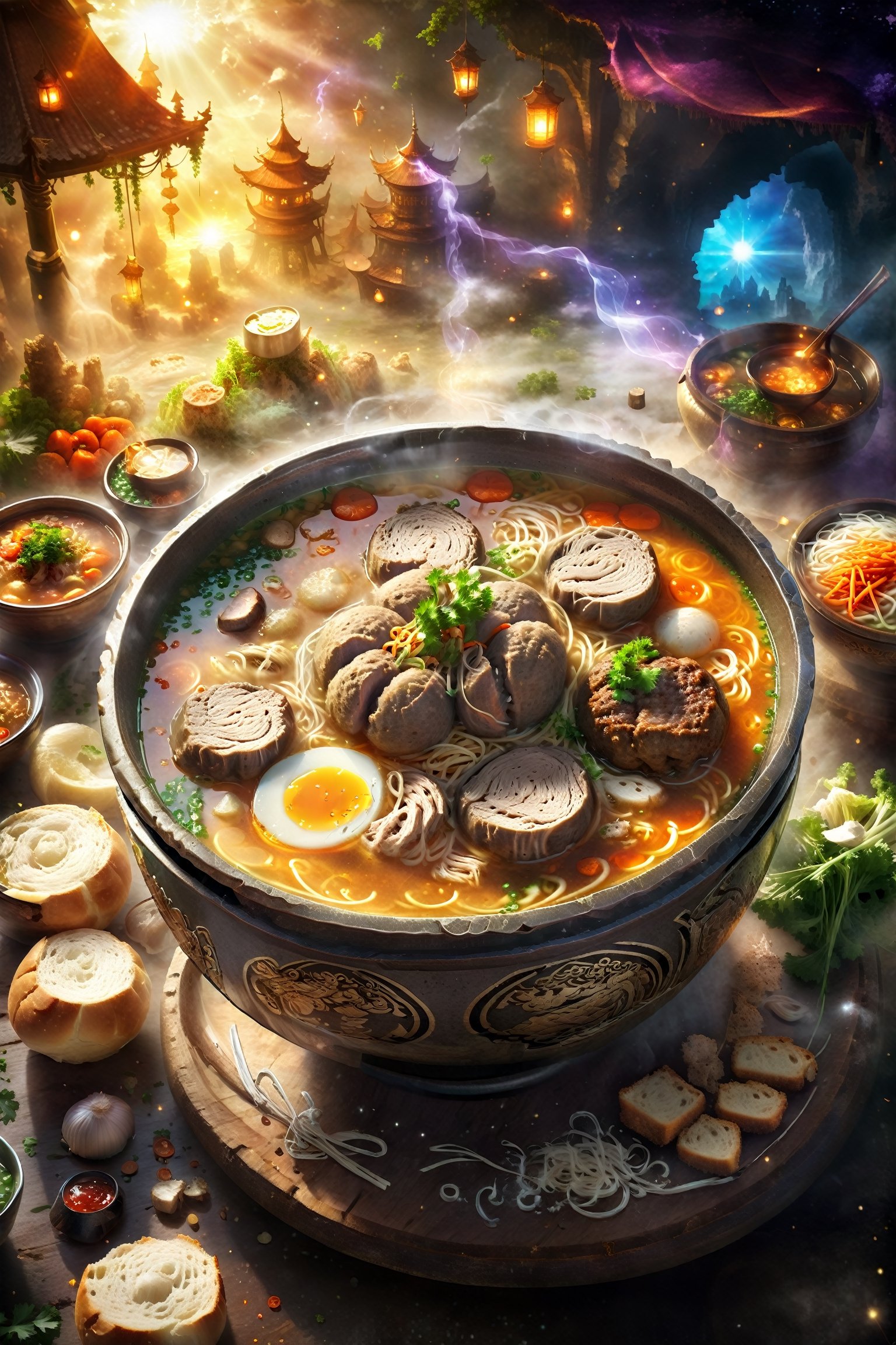 Food photograph, a bowl of epic bakso, yummy look, fantasy, magical , glowing cellery, sparkling soup,Magical Fantasy style,booth