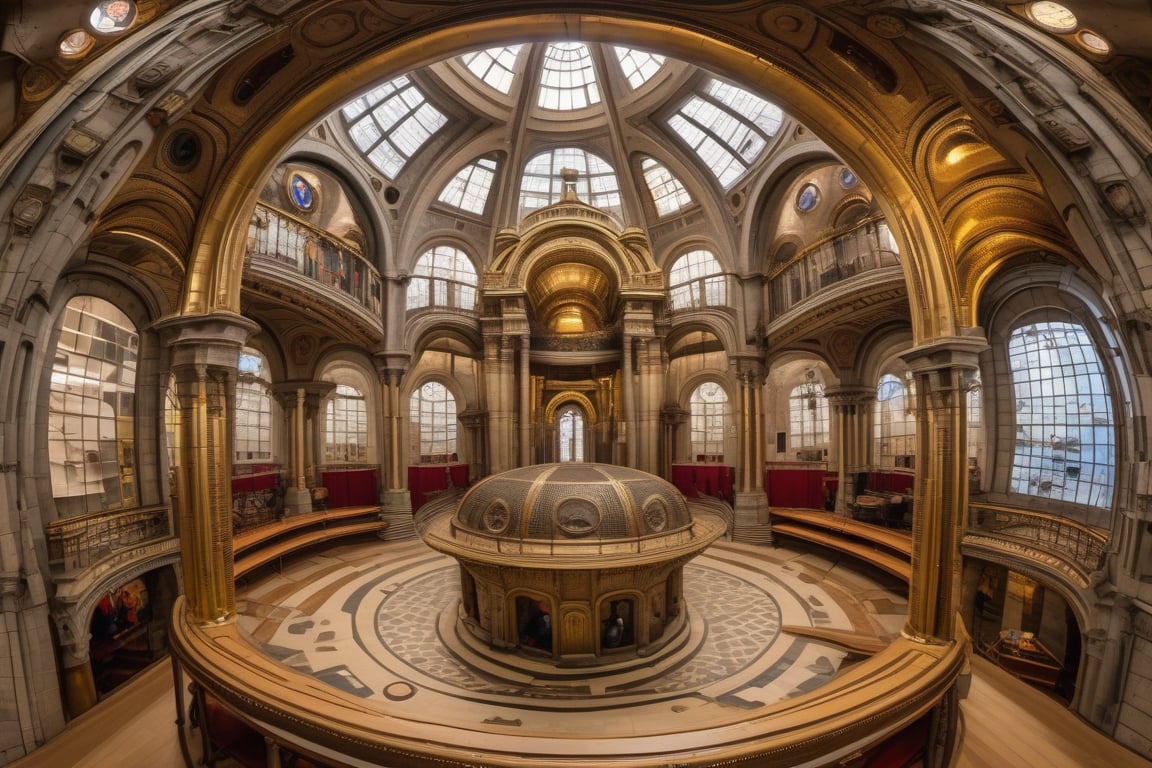 Inside of paris's Sacre Coeur Bassilica in the style of industrial steampunk design living room, intricated, fish eye lens, high detailed, high_res