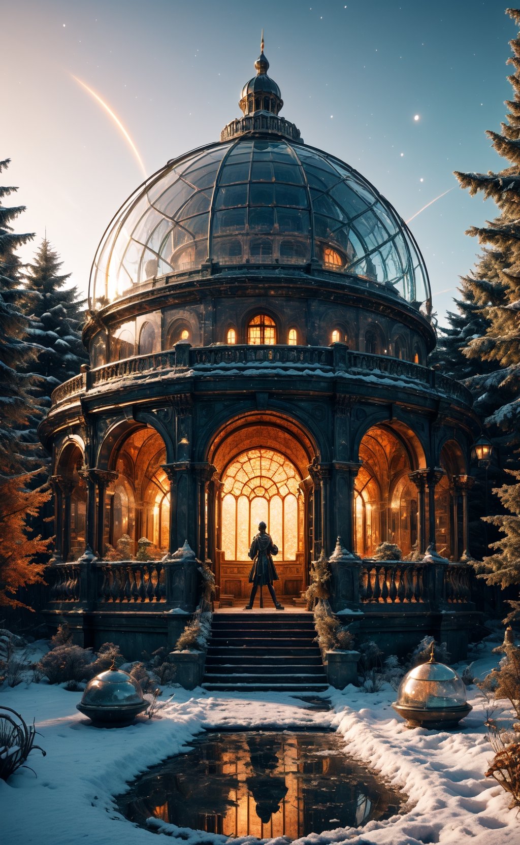 a realm fantasy, a majestic red castle with Byzantine-style architecture, adorned with intricate various accents that shimmered in the dying light of a winter sunset.
Pink and orange hues sky, castle's (glass dome:1.4) perched atop the tallest tower, luminous beacon, a jewel in the gathering twilight. The dome refracting the colors sunset and casting a mesmerizing glow over the snowy landscape, Snowflakes falls, sprinkle of fairy dust, enhanced castle's allure,
blanketed courtyard in snow, Statues of mythical creatures stood frozen in mid-motion, their forms captured in a dance of eternal elegance, darkness embraced, lit up, celestial radiance, hyperdetailed, filmic, high_res,DonMG414 