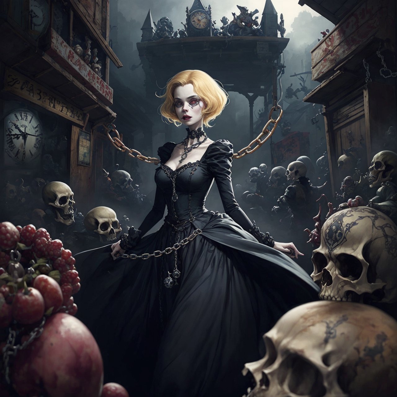 1girl, beautiful perfect face, standing, wore a creative_concept_design dress, a strange yet beautiful long dress, (decorated dress by black orchid, skulls, gears, clocks, chain). Dark-red&black, facing the camera, industrial era, crowded fruit market full of small-sized-monsters, thick fog,
Fantasy, dreamy, eerie, magical environment, (by Tim Burton & Vivienne Westwood & Brian Froud), mixed media style, hard edges, featured on Artsy, outdoor scene, artistic details, high resolution,EpicArt,rototech