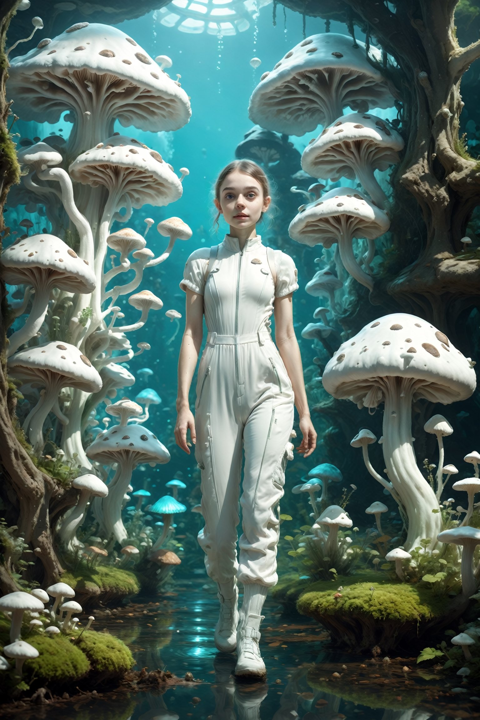 UnderwaterStyle,mushroomfantasy,surreal photograph,1girl in white-stretchy-jumpsuit, walking confidently, low light, bioluminiscent glow mushrooms garden, biophyl plants, cyan&white,joyful atmosphere, (style of tim burton&marc simonetti&WLOP), sci-fi, fashionable,soft contrast, sharp focus, hyperdetailed