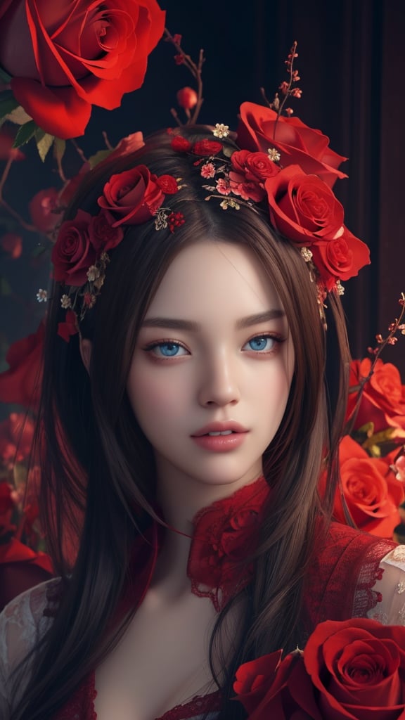 Girl dressed in flower, red, roses, dark, raw concept, art by danu setiadji, (masterpiece, best quality, hyper-detailed:1.21, best CG illustration)