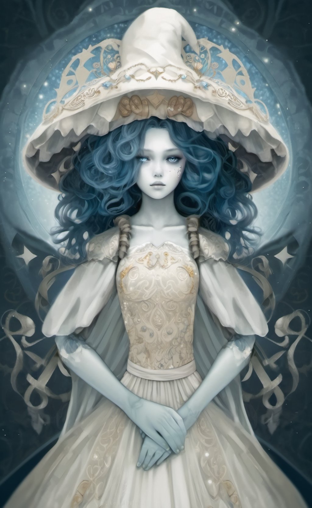 IncrsXLRanni, Fantasy, surreal abstract,, 1girl,  blue skin, corly hair, white dress is made of a soft and silky fabric, flows on the body, grey&white color, sweetheart neckline, a flared skirt reaches the floor, adorned skirt by intricate embellishments of floral patterns, stars, and crescent moons, doll joints,  Made of beads, sequins, crystals, and pearls that sparkling, has a veil and hat which also has floral, star, and moon motifs that complement the dress. Accesorized dress, Combination of fashionable and fantasy, creative, Hyperdetailed artwork,IncrsXLRanni,wavy hair, blue skin, cracked skin, extra arms