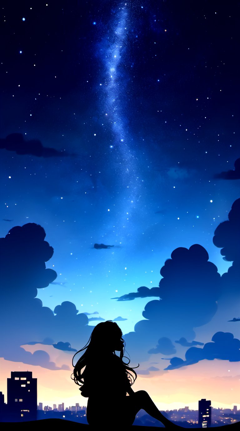 Scenery ,1girl ,silhouette, night sky, solo outdoor, sitting, cloud, octans, sky, stars, scenery, starry sky, night, long-wavy-hair, silhouette, BohoStyle cityscape, 