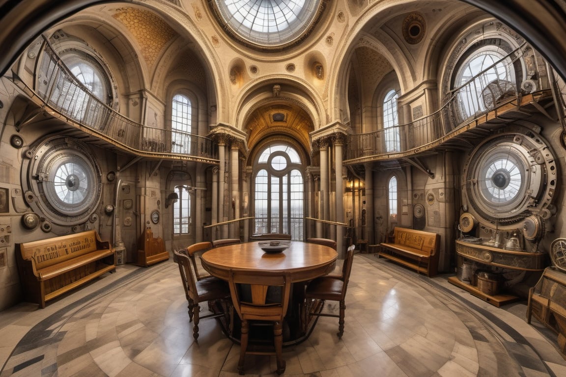 Inside of paris's Sacre Coeur Bassilica in the style of industrial steampunk design living room, intricated, fish eye lens, high detailed, high_res