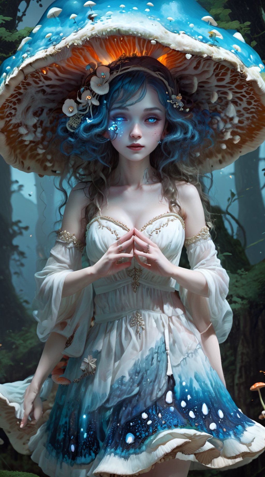 IncrsXLRanni, Fantasy, surreal, 1girl, dynamic pose, (blue skin:1.4), flow curly hair, white dress, flows on the body, cyan&white color, sweetheart neckline, a flared skirt adorned by intricate embellishments of floral patterns, stars, and crescent moons, biolumiscent glow musroom, beads, sequins, crystals, (cyan glow mushrooms:1.2), and pearls that sparkling, has a veil and hat which also has floral, star, and moon motifs that complement the dress. Neon-glow-mushroom accesorized dress, Combination of fashionable and fantasy, creative, Hyperdetailed artwork,IncrsXLRanni,wavy hair, blue skin, cracked skin,girl,DonShr00mXL 