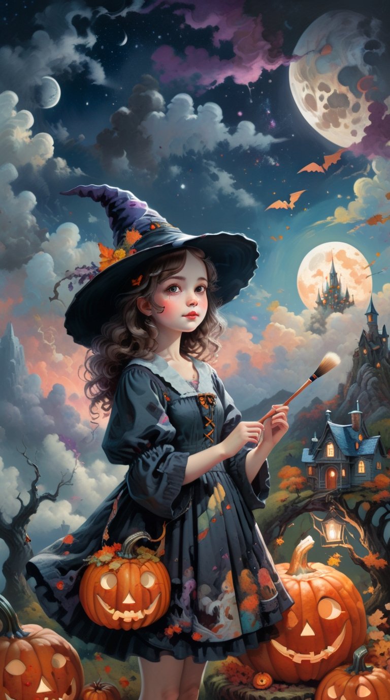 A cute wizard girl with curly brown hair and a grey dress, wearing a fashionable witch hat and holding a paintbrush, painting a fantasy scene of a haunted landscape with a dark sky, clouds, moon, and pumpkins, (by Tim Walker & Hayao Miyazaki & Lisa Frank), painting style, colorful and whimsical, featured on Pinterest, indoor scene, artistic details, high resolution.