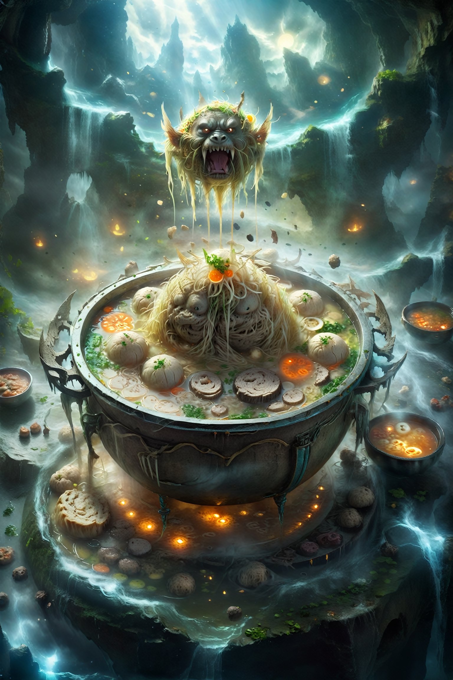 Food photograph, colossal bakso, yummy look, fantasy, magical , glowing cellery, sparkling watery soup, booth,Magical Fantasy style