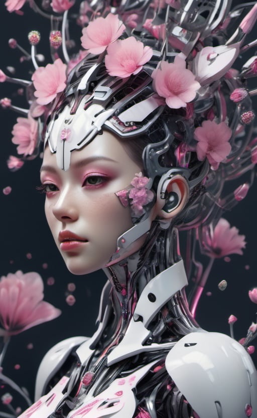  cyborg style , Centralized, straight facing, flat, Realistic look, fractal:1.2, petals:1.1, (a petal queen:1), white android body, steel array neck, blend with fractal art style, white and pink, octane render, intricate detailed, fantasy art, dreamy, beautiful, glittering, pink flowers, petal, thing that never seen before, digital illustration,micro details,