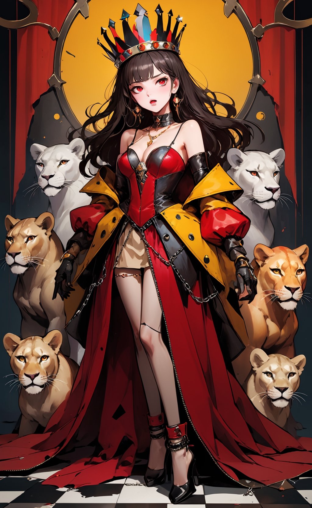 Anime art, dynamic, ((masterpiece,best quality)),A queen of the cirque over the dark and twisted realm, Wore a dress made of wool+leather+and chain, ((a patchwork of colors and textures)), (clash and contrast), (intricate Crown).
She stand against luxurious leather background, surrounded by her chaotic madness: a stuffed lions, a broken mirror, a pile of dolls that whisper secrets.
Cinematic shot, (dynamic, crazy gestured), fashionable, royal&glamorous, gloomy&dangerous,
Creative!!!Sickening!!!, Dark Fashion, Vintage, Luxurious, (Chaos:1.4), Surrealism, FusionArt, Epic composition, Rich color, ((Dark-red&Yellow-mustard&Beige)), LifeLike features, Detailed artwork