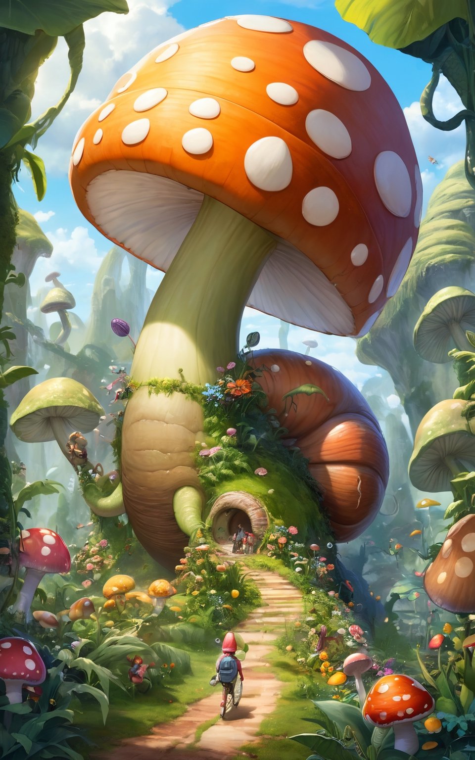 ((masterpiece, best quality)), In a world where plants have grown to enormous sizes, depict a character riding a giant snail through a jungle filled with oversized flowers and mushrooms.