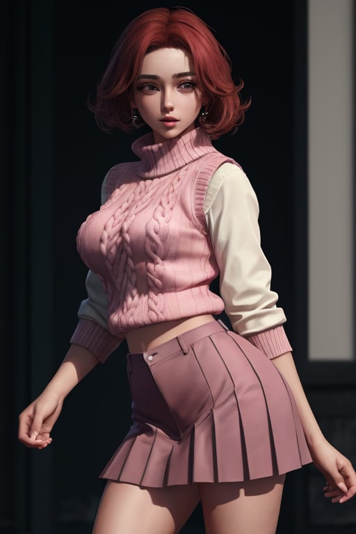 masterpiece,best quality,(photorealistic:1.4),redhead, (ultra detailed:1.3),masterpiece,unity 8k wallpaper,1girl, pale magenta-pink  Sweater Vest with a Pleated Skirt, breasts:1.2, 