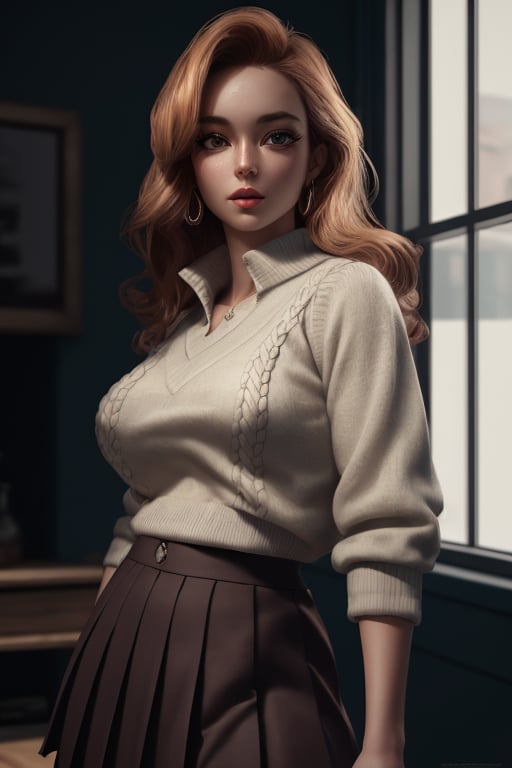 masterpiece,best quality,(photorealistic:1.4),redhead, (ultra detailed:1.3),masterpiece,unity 8k wallpaper,1girl, blond Sweater Vest with a Pleated Skirt, breasts:1.2, 