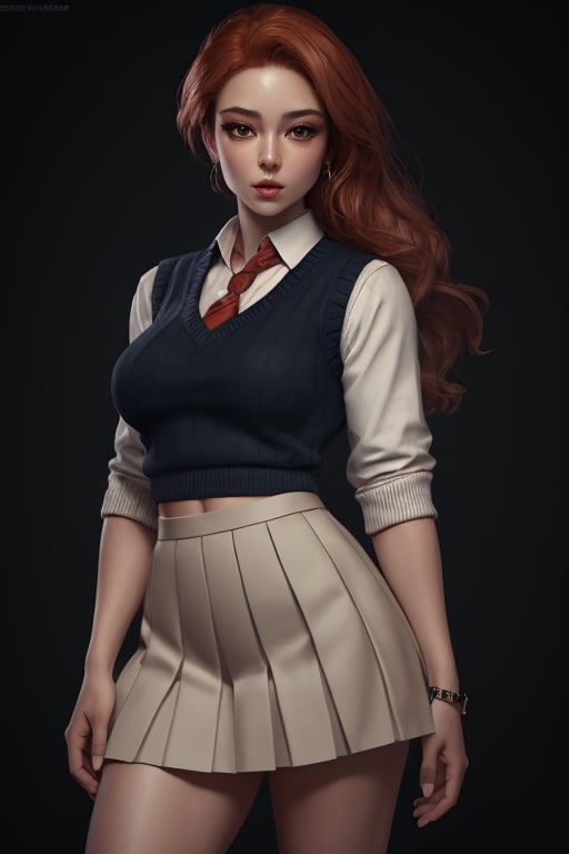 masterpiece,best quality,(photorealistic:1.4),redhead, (ultra detailed:1.3),masterpiece,unity 8k wallpaper,1girl, blond Sweater Vest with a Pleated Skirt, breasts:1.2, 