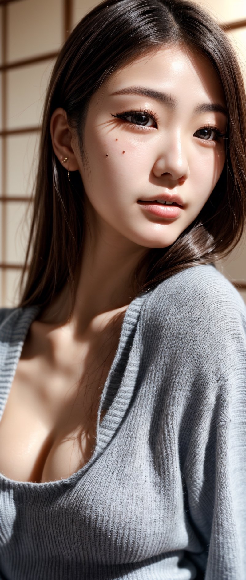 japanese beautiful lady, very beautiful face, mature female, kawaii, mole, realistic photo, master pieces, high quality, super real detailed, perfect anatomy, nai3, cool, long eyelashes, sweater, japanese beautiful wife, perfect detailed, shiny skin, shiny body,shiny skin, shiny body