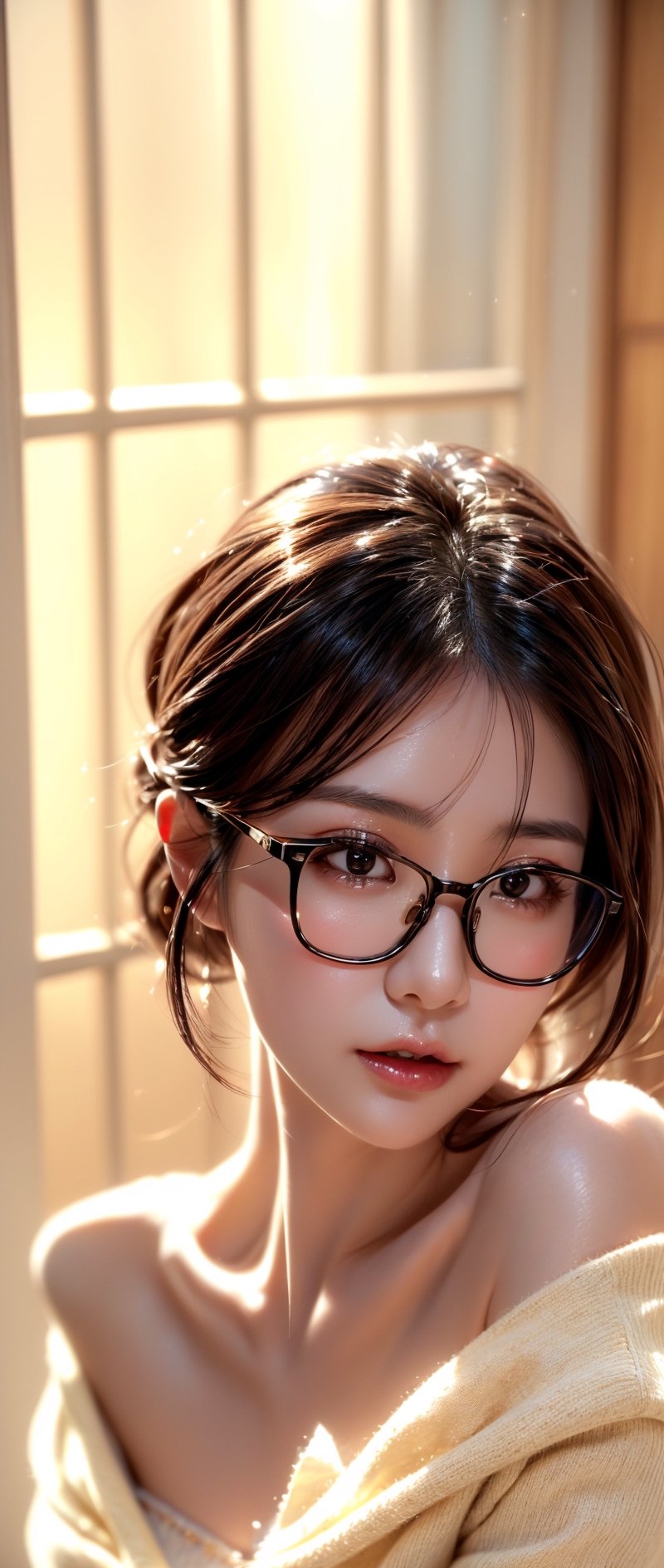 japanese beautiful lady, very beautiful face, mature female, realistic photo, master pieces, high quality, super real detailed, perfect anatomy, nai3, cool, long eyelashes, japanese beautiful wife, shiny skin, shiny body,shiny skin, shiny body,mature female, japanese beautiful wife, glasses, sweater