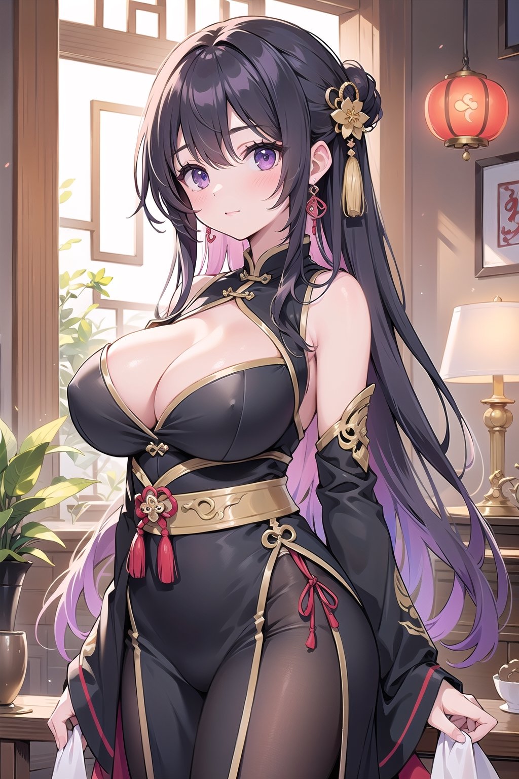 best quality, masterpiece, extremely detailed CG, extremely detailed 8K wallpaper, standing, HDR ,1girl, solo, indoors, Chinese brothel, cowboy shot, solo, looking at viewer, beautiful courtesan, long hair, courtesan clothes, straight hair, intricate details, hyper detailed, Beautiful Fingers, Beautiful Nose, Beautiful character design, perfect face, facing viewer, huge breasts, slim waist, gigantic breasts, arms at side purple eyes, highly detailed Chinese courtesan clothes, courtesan clothes, wuxia, slight smile, slightly narrow eyes, seductive beauty, Chinese style, purple coloured hair, elegant, light makeup, facing viewer, jade beauty