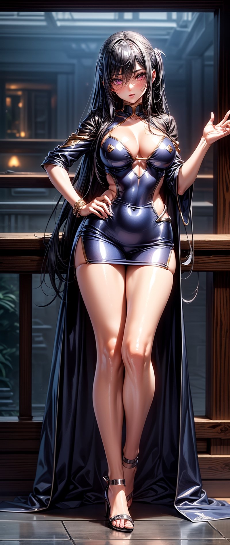 (((masterpiece, best quality:1.1))), highres, Manga, (ultra-detailed), (1girl),(solo:1.5), light makeup, small_breasts, seductive, elegant, stylish, sexy, curvy, looking at viewer, (((((body facing viewer))))), (((full body))), beautiful legs, perfect body, beautiful woman, (beautiful detailed face:1.2), beautiful detailed eyes, ((intricate detailed)), (perfect detailed breasts), perfect hands, detailed fingers, , big breasts,, tan, dark-skinned female, dark skin, two side up, very long hair, shiny hair, hair between eyes, pink eyes, ao dai, futureaodai, Akiyama Rinko