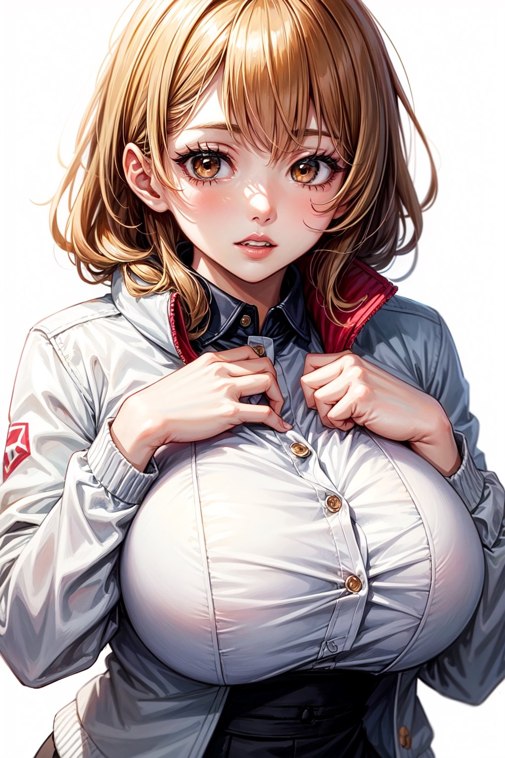 1girl, solo, brown eyes, parted lips, long sleeves,white jacket, simple background, looking at viewer, teeth, jacket, lips, cosplay,huge breast, hands on own breast, breast focus,Breast kneading