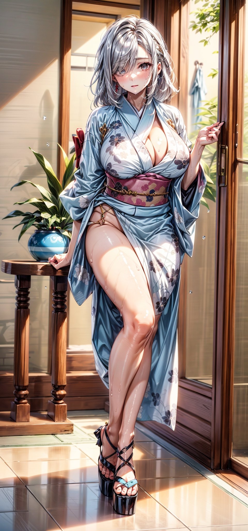 (((masterpiece, best quality:1.1))), highres, Manga, (ultra-detailed), (((1girl))),(((solo:1.5))),light makeup, large_breasts, mature female,  seductive, elegant, stylish,sexy, (upright),curvy, beautiful legs,  perfect body, beautiful woman, (beautiful detailed face:1.2), beautiful detailed eyes,((intricate detailed)), (perfect detailed breasts), (huge breasts), perfect hands, detailed fingers, mature female,mature female,(((full body slouching))), ((slouching)),mature female, long hair, breasts, solo, huge breasts, 1girl, mature female, long hair, breasts, solo, huge breasts, (((hair over one eye))), big boobs, slim body, slim waist,  her wet hair dripping down, wearing a bathrobe, shiny and glossy hair, delicate facial features, relaxed and content expression, fluffy bathrobe, water droplets on skin,  fresh scent of soap, gentle mist, comfortable and soft texture of the bathrobe fabric, shenhe(genshin impact), white hair