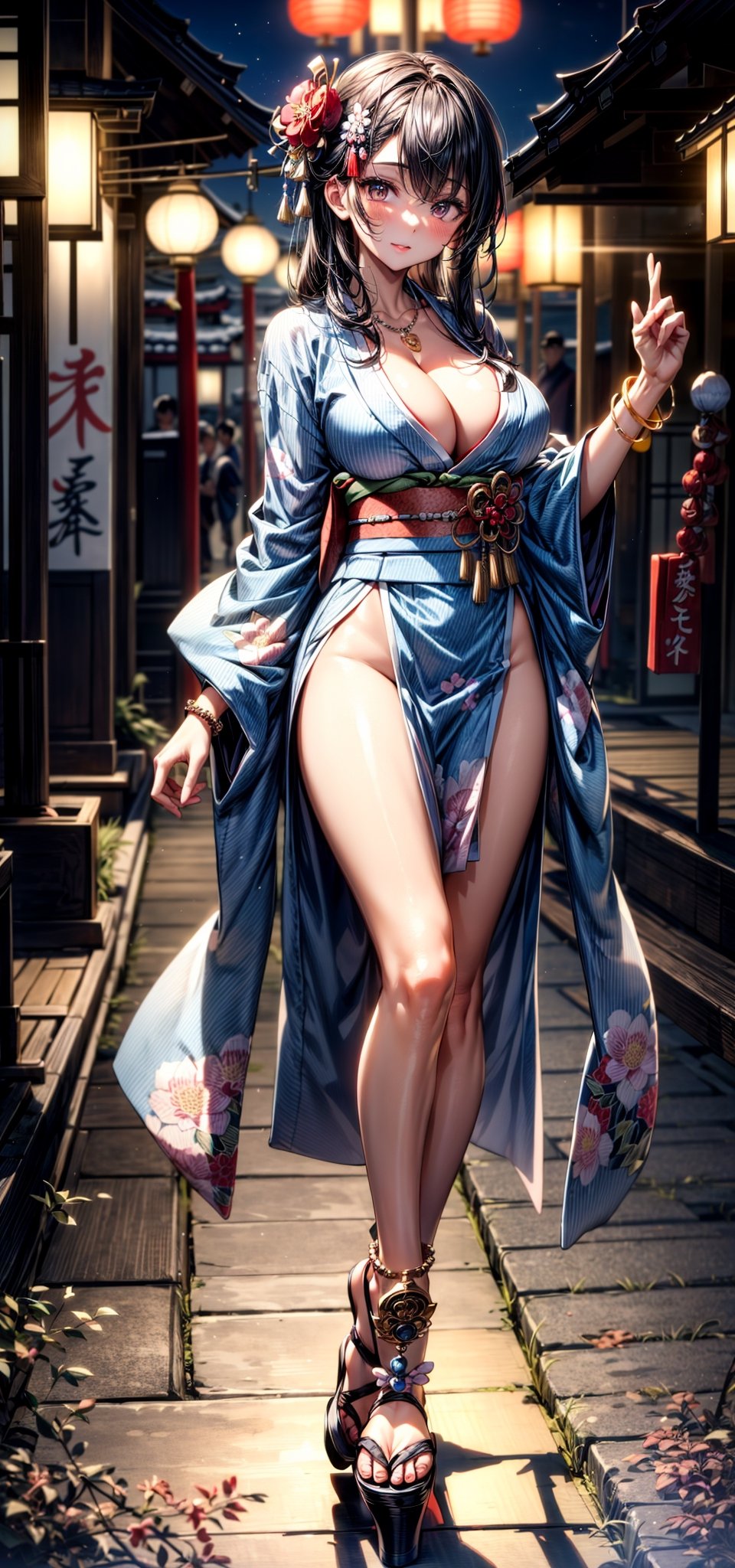 ((legs wide open, crotch wide open)), (cinematic light, top quality, 8K, masterpiece: 1.3), (world wonderful, goddess of Japan, Japan beautiful girl, Korean goddess), (upper body), (one girl), (necklace, bracelet, anklet, leg ring), (huge, cleavage, exposed breasts, sexy cleavage, very detailed breasts), (huge breasts), À la Fed woman in kimono, kimono, classic kimono, kimono, Japan kimono, long beautiful flowing kimono, intricate geisha kimono, red or purple kimono with floral pattern, Japanese style, wearing kimono, legs wide open, crotch wide open, inspired by Kano Hogai,