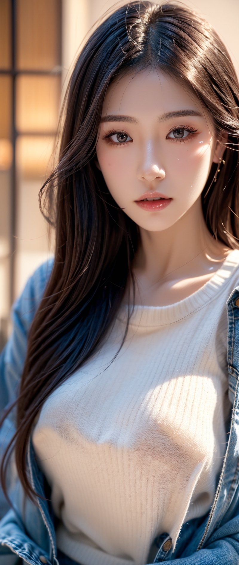 japanese beautiful lady, very beautiful face, mature female, kawaii, mole, realistic photo, master pieces, high quality, super real detailed, perfect anatomy, nai3, cool, long eyelashes, visible forehead, sweater, denim, japanese beautiful wife, 