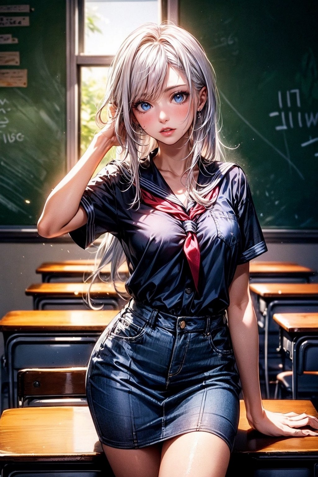 photorealistic, high resolution, 1women, shining skin, solo, hips up, jewelry, pink lips, long white hair, blue eyes, school uniform, black shirt, classroom,woman,girl,blue eyes