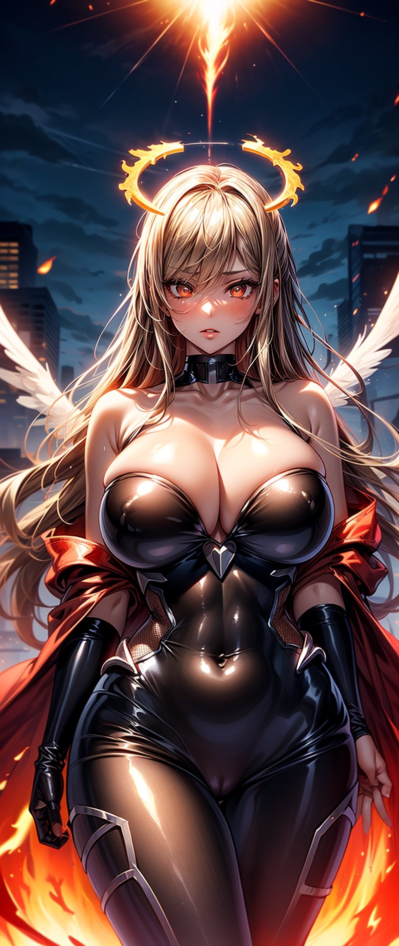 (1girl, solo), (perfect female form, perfect face, thick lips, glossy lips, eyeliner, golden eyes), (long wavy blonde hair:1.2), (narrow waists), (red detailed robe:1.4), (black delicate bodysuit, flame details, bare shoulders, cleavage), (angelic, celestial, female demon, diablo, sacret, flaming black halo, black color giant angel wings:1.4), black wing, (at heaven:1.4), (cowboy shot), ((slim, skinny waist:1.3)), ((huge pelvic)), city, big breasts, large pelvic, wide hip, narrow waist, curvy waist,  exposed belly, Akiyama Rinko