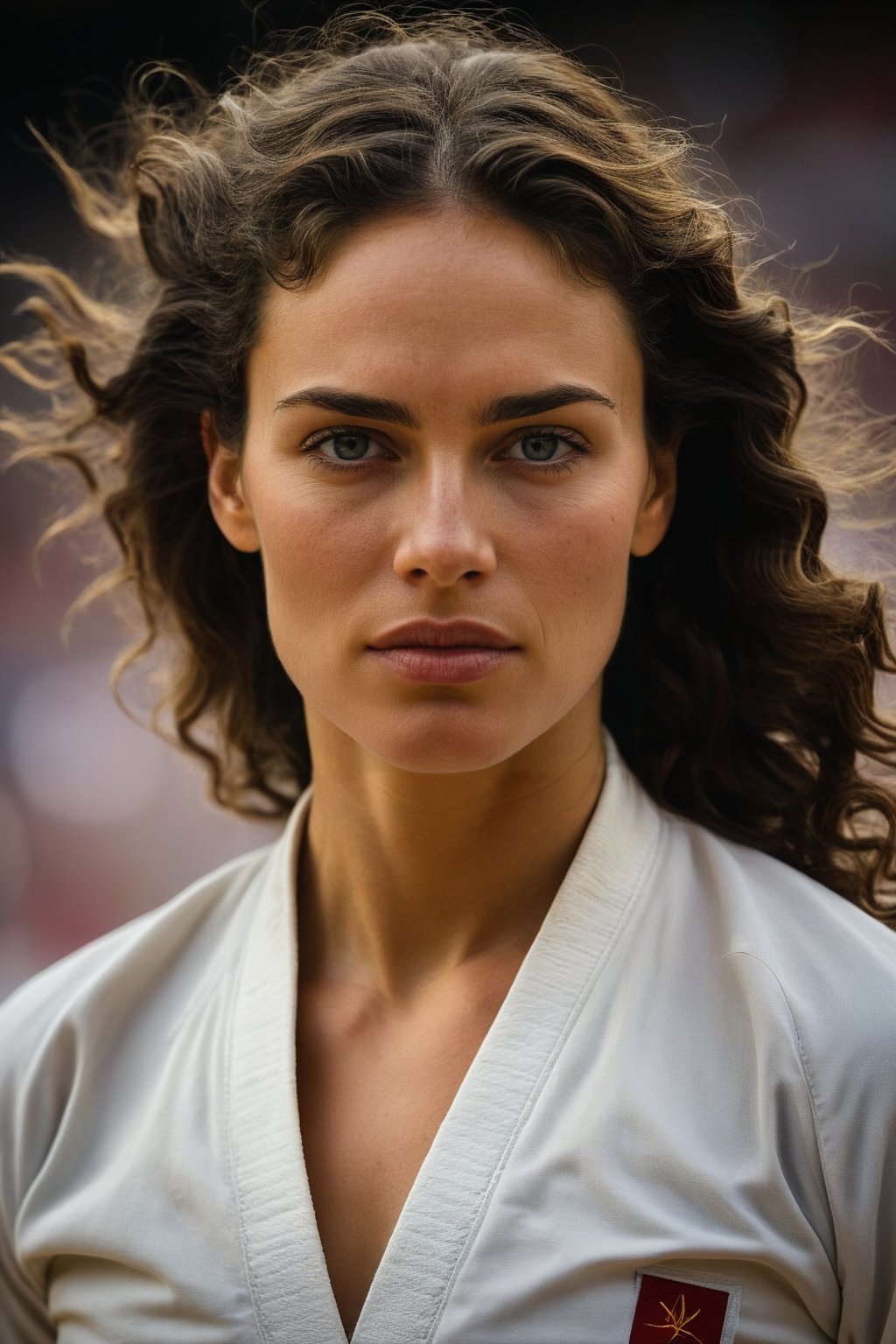 Compose an UHD, sharp, extremely detailed sidelit dynamic RAW photo of a female olympic judoka with dark hair that is wavy, luscious and silky. Emphasize attention to detail, focusing on subtleties of the athlete in motion. The hair shines in intricate detail to give the impression of softness and elegance contrasting the overall effect of the scene which is all about power and control. The timeless and unexpected beauty of the subject with mediterranean features is a mix of delicate features, warmth and unyielding determination as she chases the olympic medal. bokeh, sport venue background, chiaroscuro