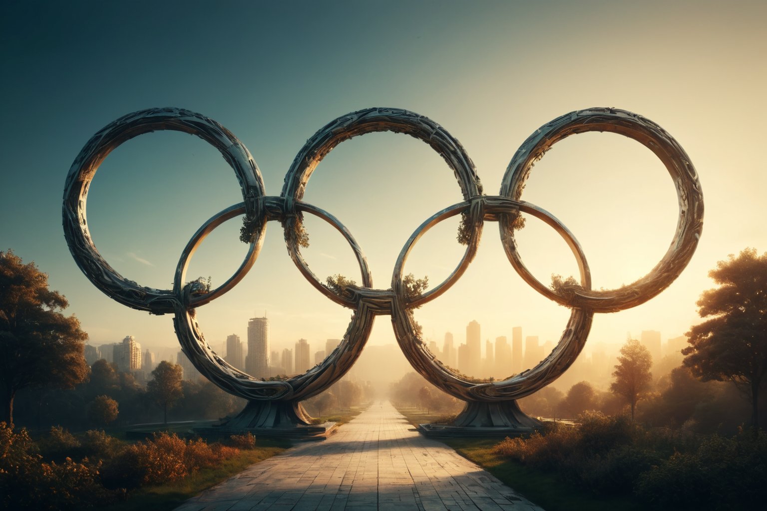 Low angle photo of a futuristic olympic village in the form of the famous olympic logo with 5 circles. Delicate, swirling, and ornate lines that evoke a sense of progress and power. Set against a pristine nature background that provides a striking contrast. Highlight the intricate details of the advanced architecture with highlights from the late evening sun. Each line and tendril meticulously rendered in a display of fine art mastery. minimalism, geometric surrealism, DOUBLE EXPOSURE