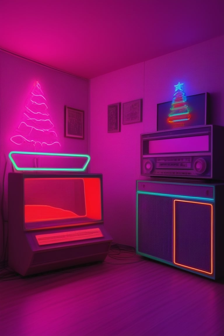 (Santa Claus) chilling in his batchelor pad from the 1980s, neon christmas decorations, a single neon light in the shape of a christmas tree on the wall, oversized retro boombox with stacks of cassette tapes along one wall, retro arcade game cabinets along the other wall, 16K, neon photography style,<lora:659095807385103906:1.0>