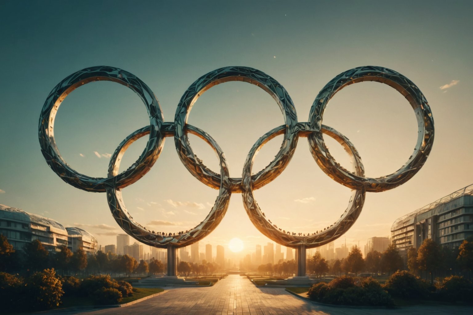 Low angle photo of a futuristic olympic village in the form of the famous olympic logo with 5 circles. Delicate, swirling, and ornate lines that evoke a sense of progress and power. Set against a pristine nature background that provides a striking contrast. Highlight the intricate details of the advanced architecture with highlights from the late evening sun. Each line and tendril meticulously rendered in a display of fine art mastery. minimalism, geometric surrealism, DOUBLE EXPOSURE