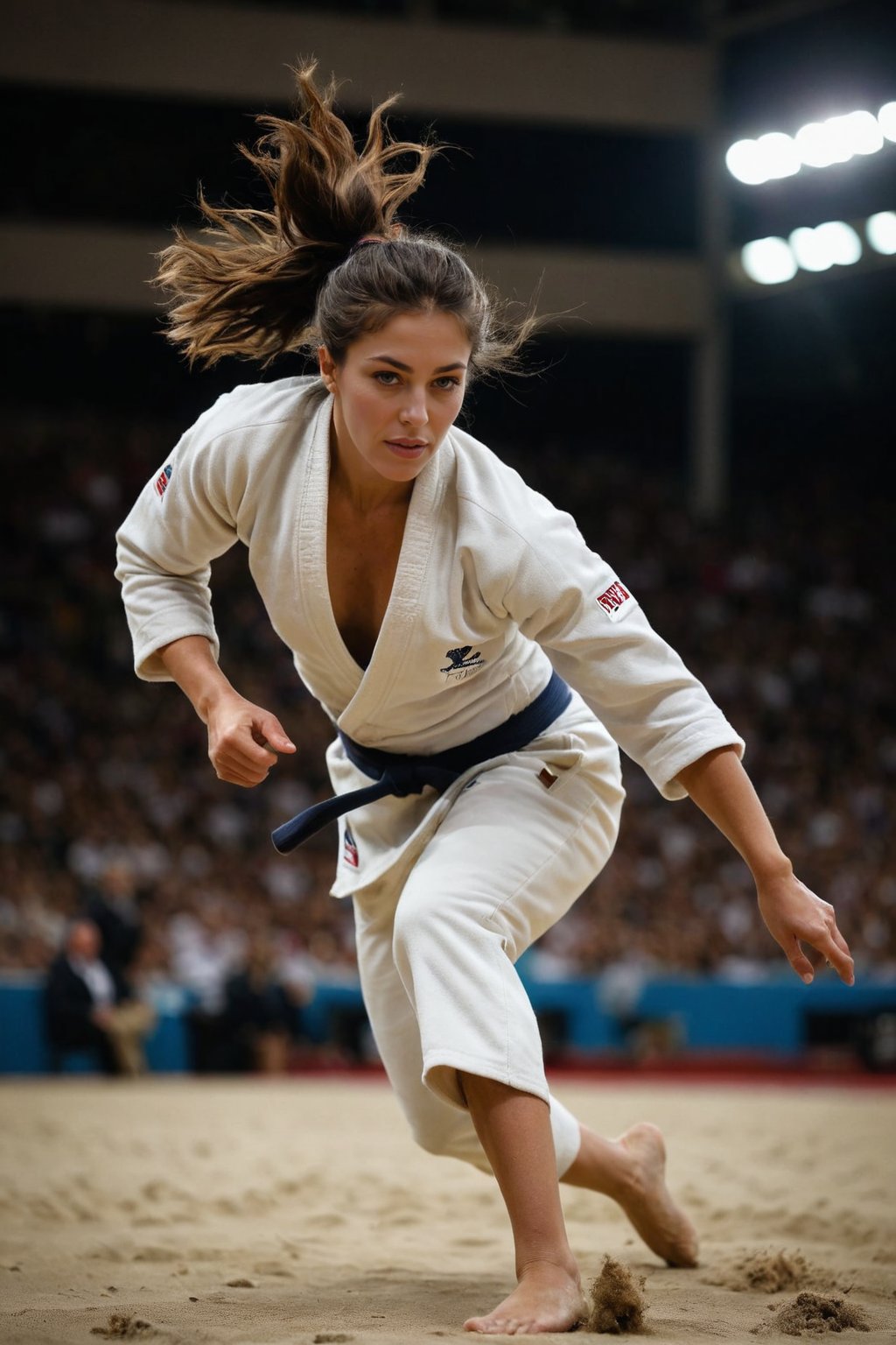 Compose an UHD, sharp, extremely detailed sidelit dynamic RAW photo of a female olympic judoka with dark hair that is wavy, luscious and silky. Emphasize attention to detail, focusing on subtleties of the athlete in motion. The hair shines in intricate detail to give the impression of softness and elegance contrasting the overall effect of the scene which is all about power and control. The timeless and unexpected beauty of the subject with mediterranean features is a mix of delicate features, warmth and unyielding determination as she chases the olympic medal. bokeh, sport venue background, chiaroscuro, zdyna_pose