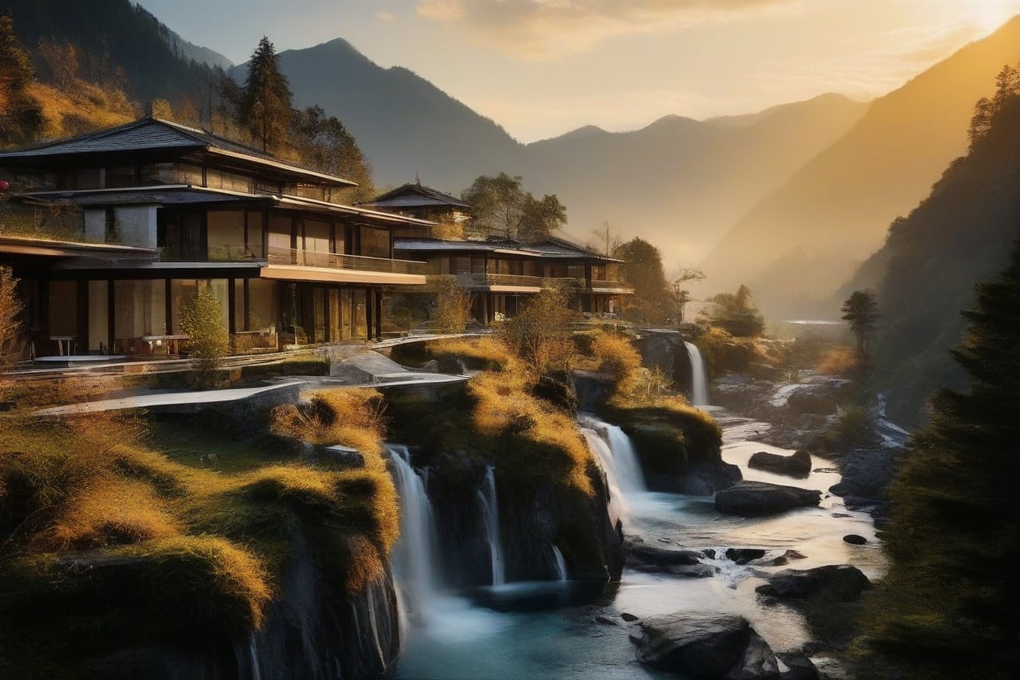 Low-angle shot captures an avant-garde mountain village, nestled among spectacular waterfalls, where delicate lines and ornate features harmonize progress and serenity. Pristine nature's dramatic contrast with cutting-edge architecture shines bright under the golden glow of late evening sunlight, casting long shadows across intricately detailed structures. vivid color, Enhanced Realistic